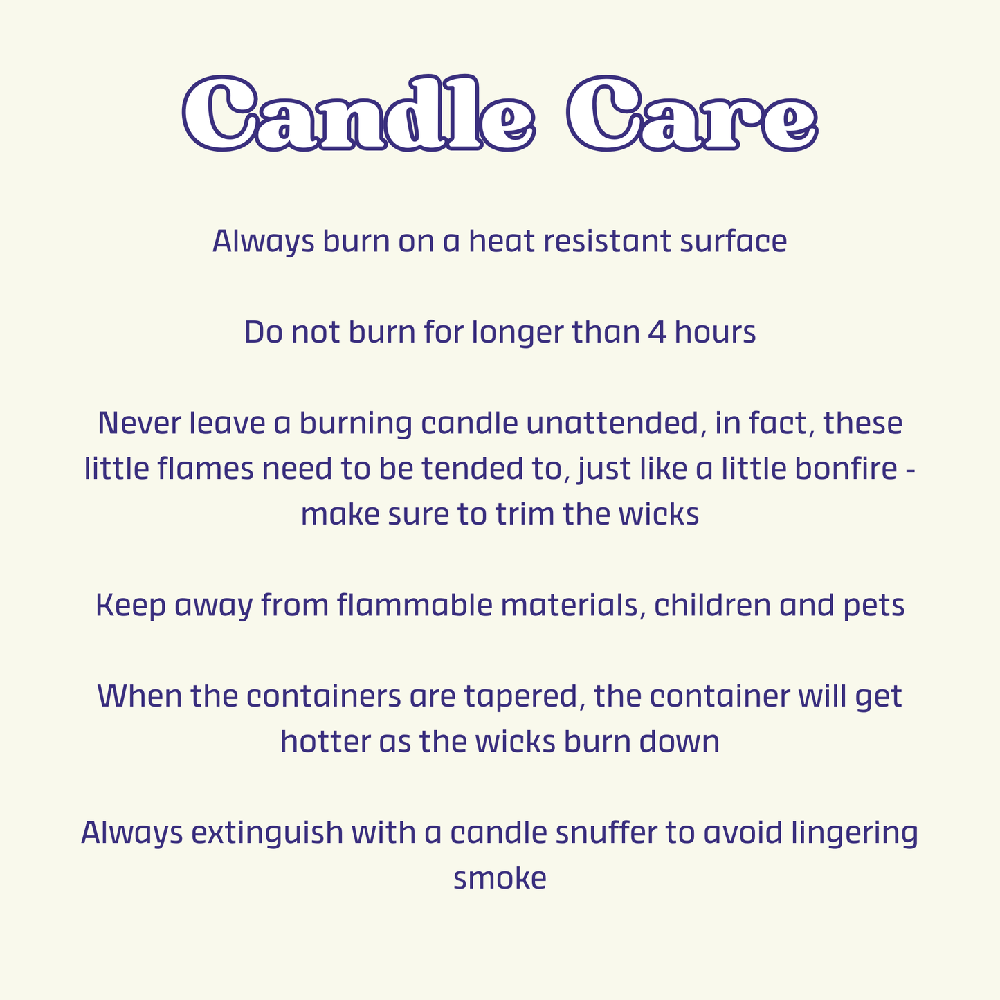 Text-based candle care instructions on a white background