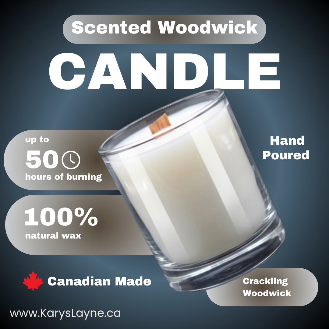 A jar candle labeled 'Scented Woodwick CANDLE' with large promotional text including 'up to 50 hours of burning,' '100% natural wax,' 'Hand Poured,' 'Canadian Made,' and 'Crackling Woodwick.' The candle is shown in a clear glass jar with white wax and a small wooden wick, set against a dark blue gradient background.