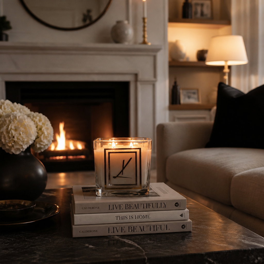 A lit glass candle jar with a black monogram logo sits on a stack of books on a dark marble table in a cozy living room setting with a fireplace, sofa, and lamp in the background.