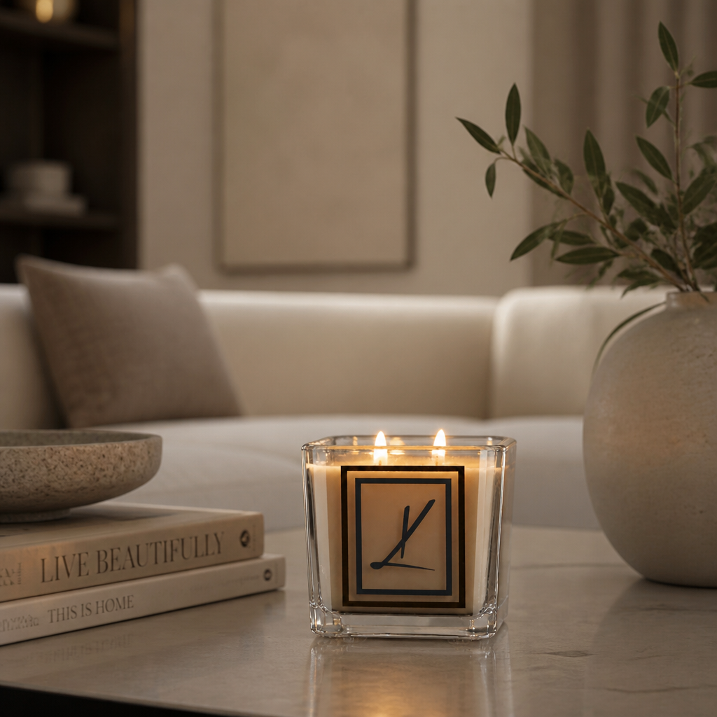 A lit square glass candle with cream wax and a minimalist black-and-beige label sits on a tabletop in a softly styled living room setting with books, a vase, and a sofa in the background.