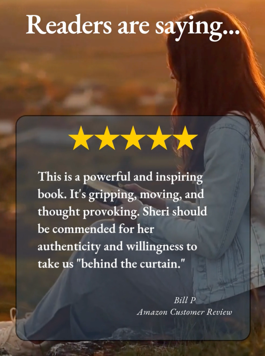Woman reading a book with a five-star rating review overlay on a scenic background