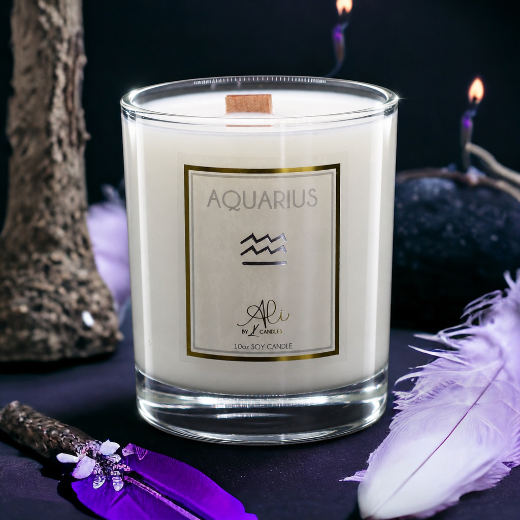 Aquarius zodiac scented soy candle with amber, sandalwood and citrus
