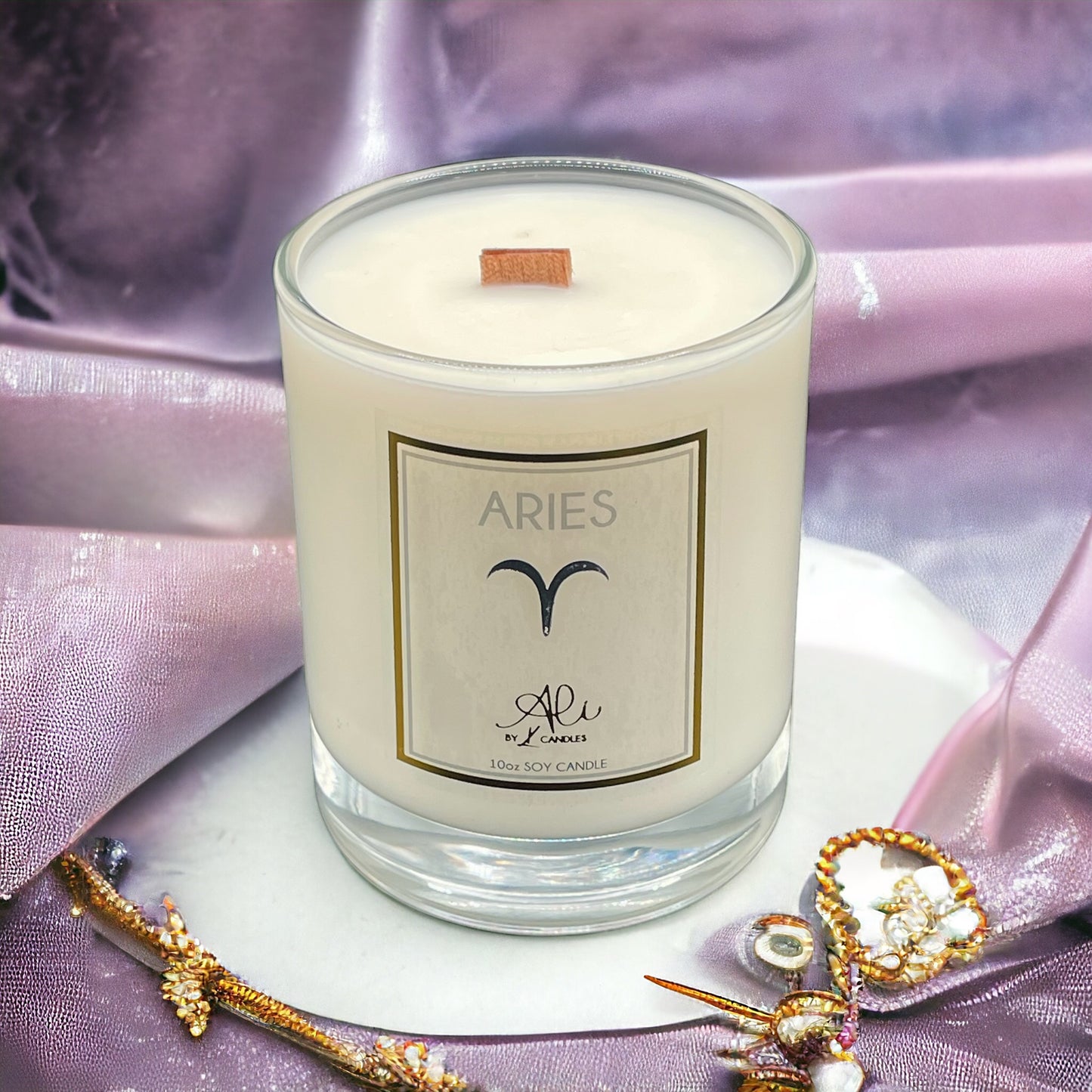 best selling birthday gift, aries woodwick candle on a luxurious table
