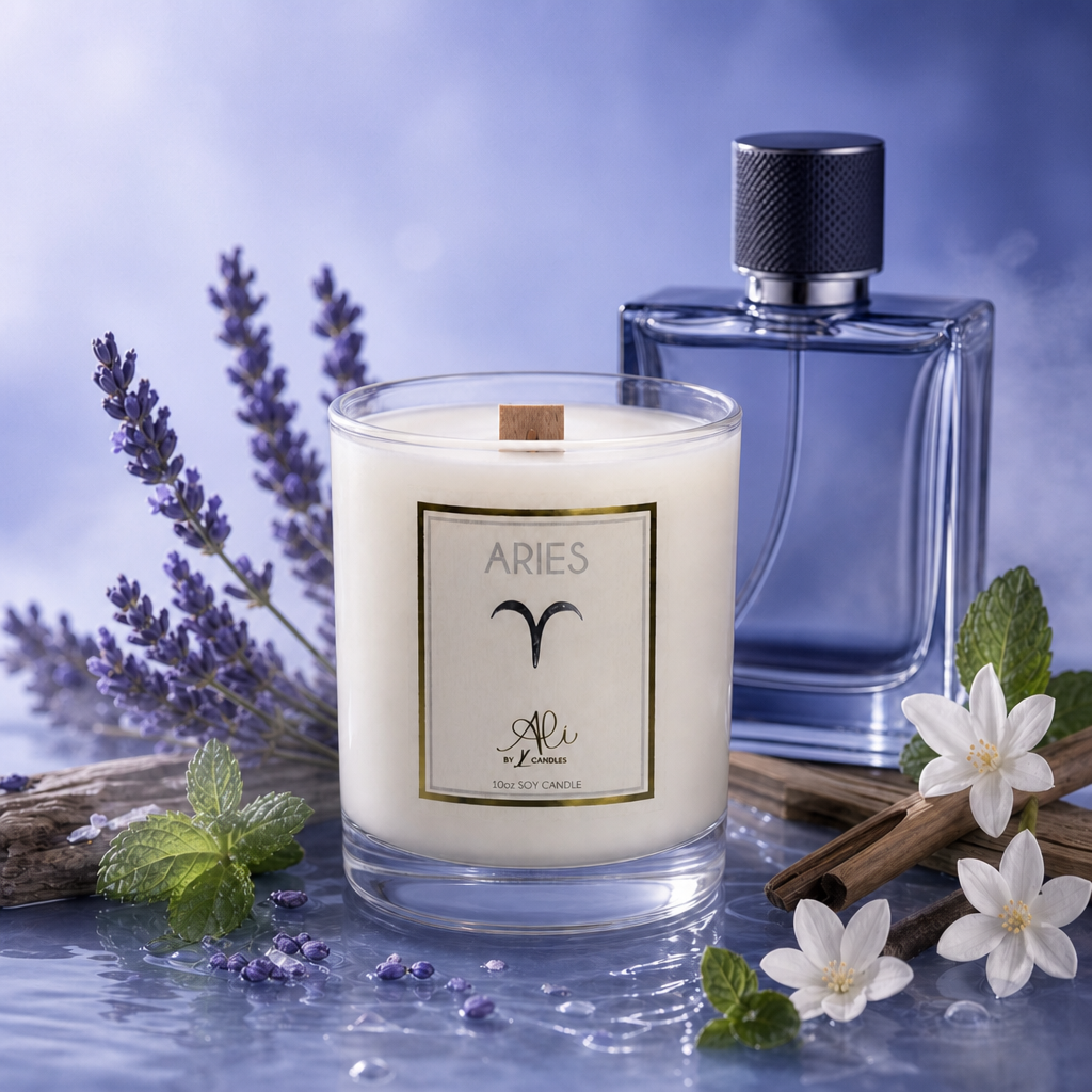 Candle and perfume bottle with floral and lavender elements on a blue background