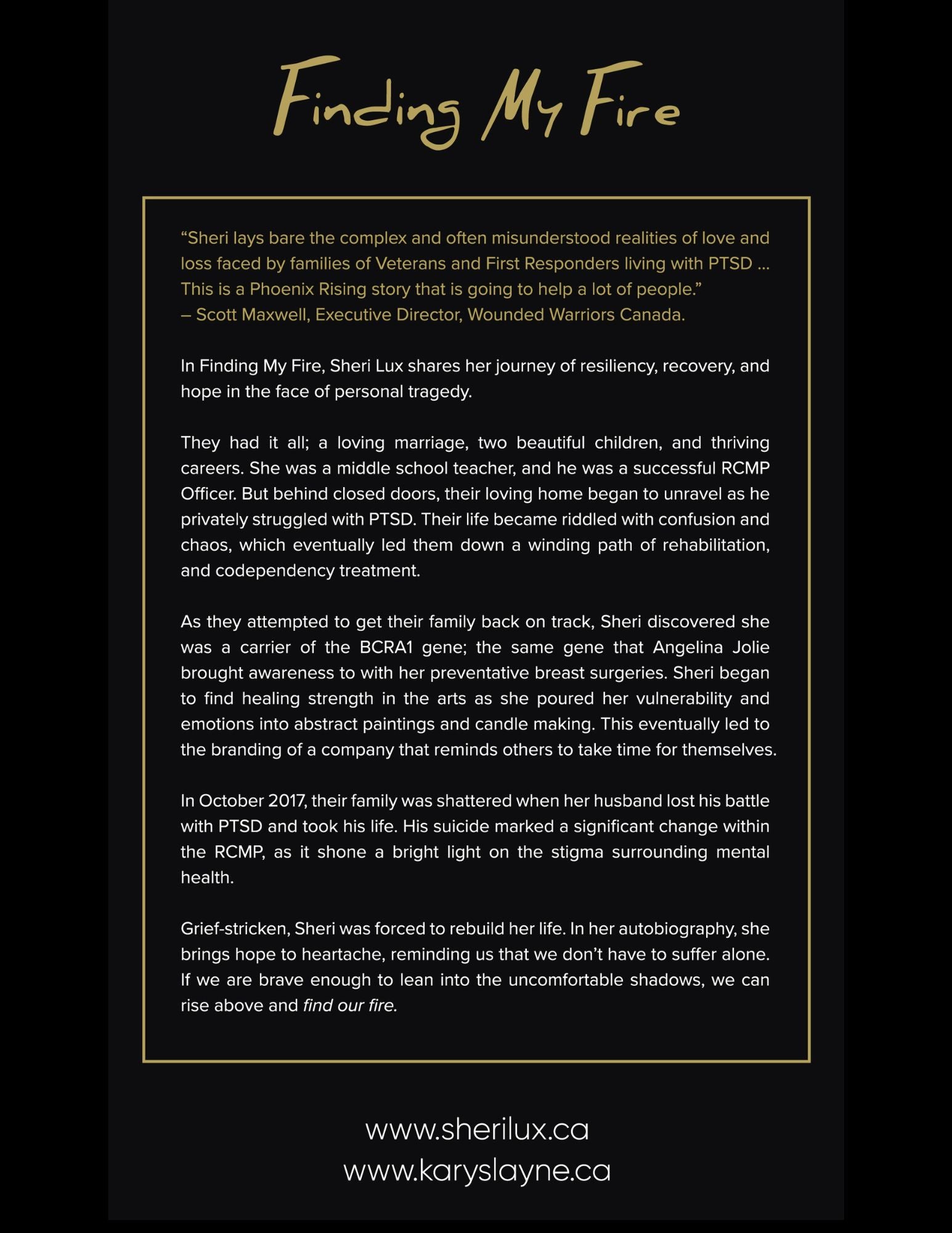 Book cover of 'Finding My Fire' with text and website information on a black background