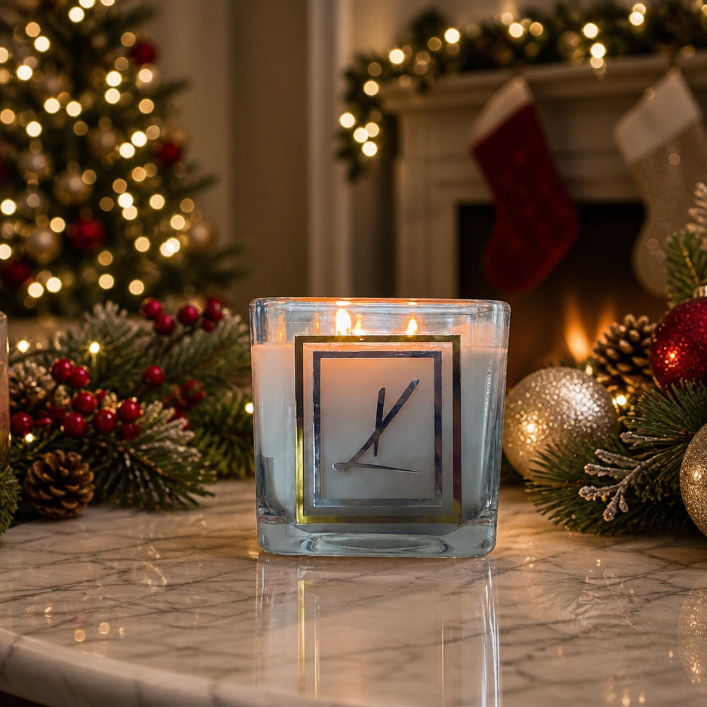 A square Karys Layne candle with a minimalist clock face design on the front, lit and placed on a marble surface in a cozy holiday setting with a decorated Christmas tree, stockings, and ornaments in the background.