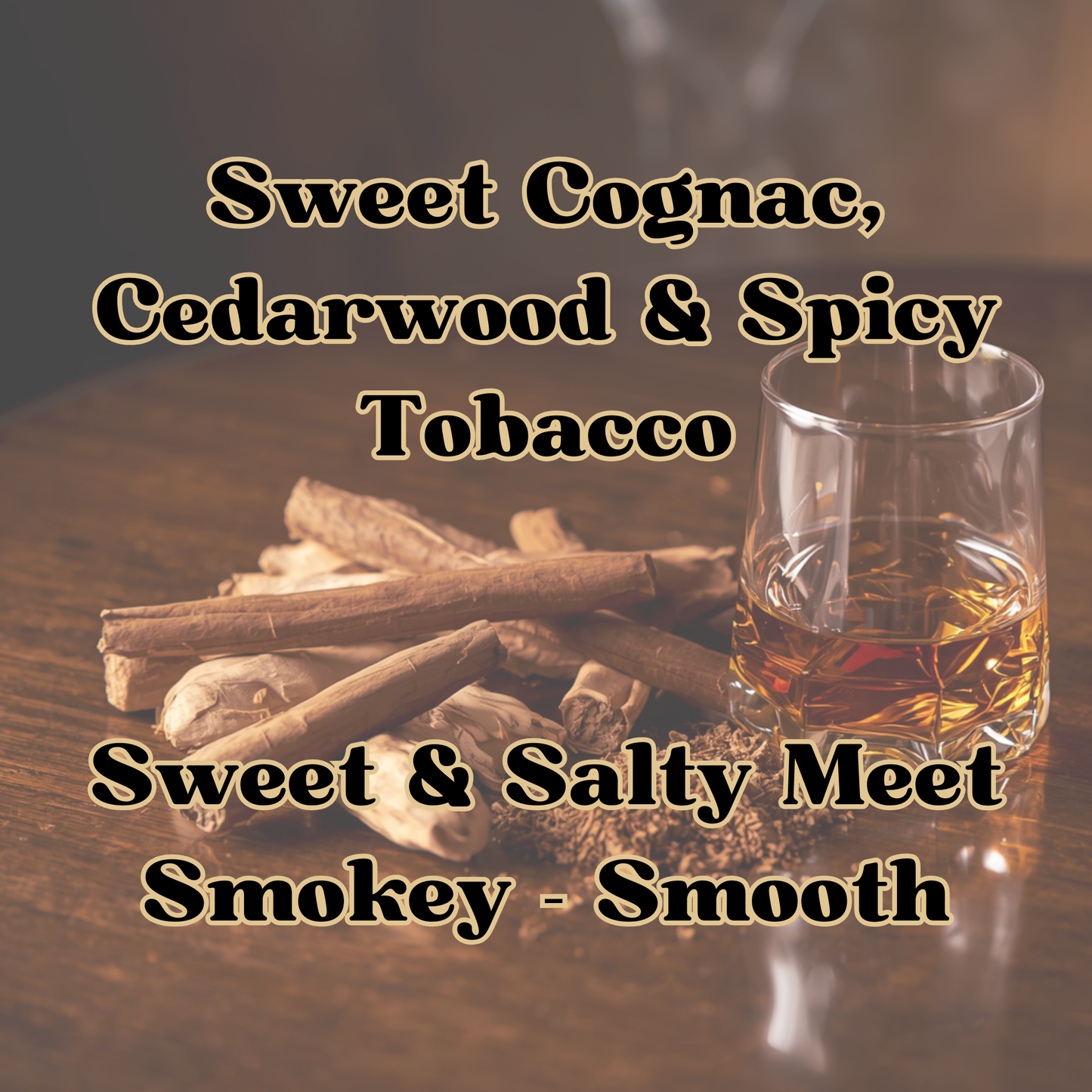 Glass of cognac with cinnamon sticks on a wooden surface, text describing the flavor profile.