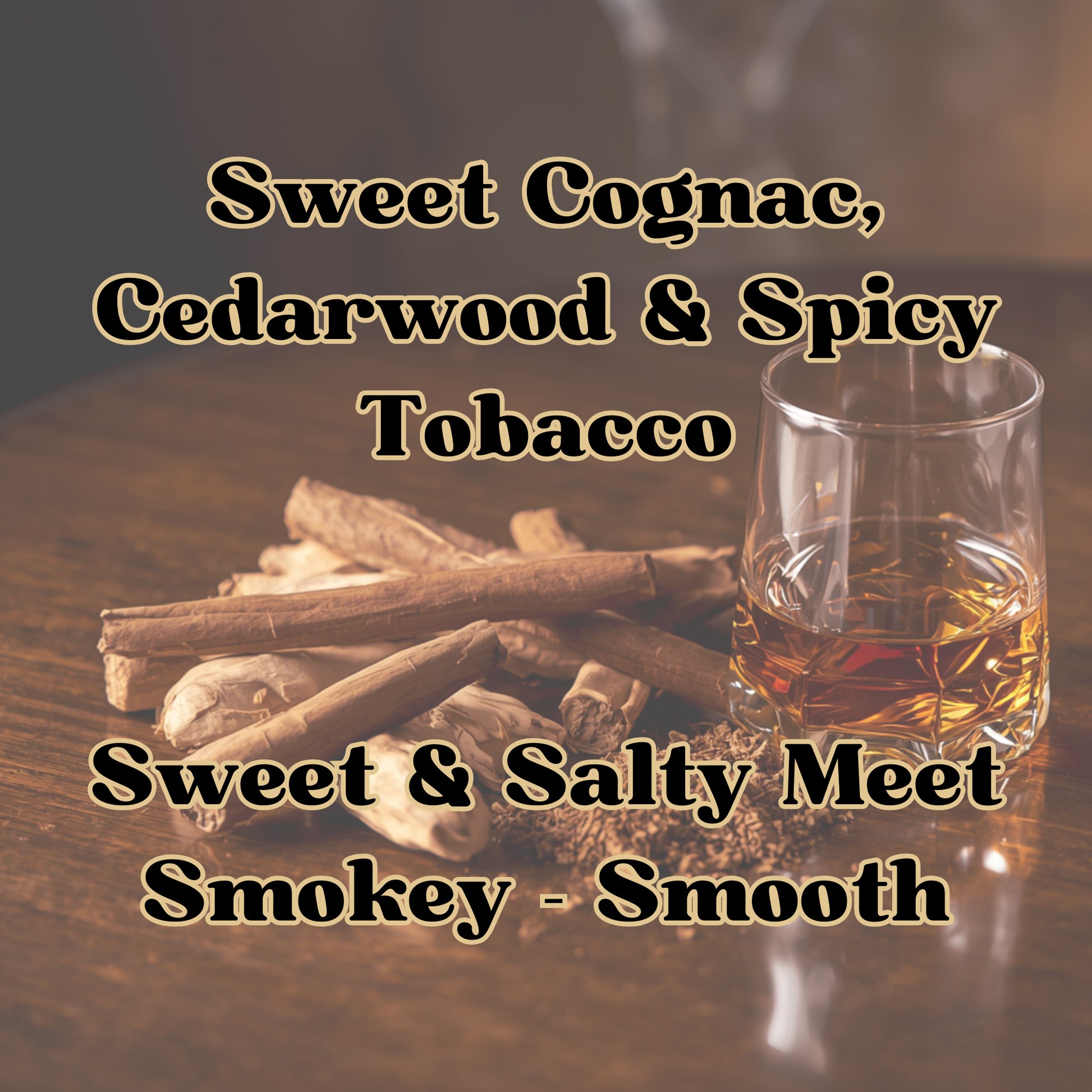 Glass of cognac with cinnamon sticks on a wooden surface, text describing the flavor profile.