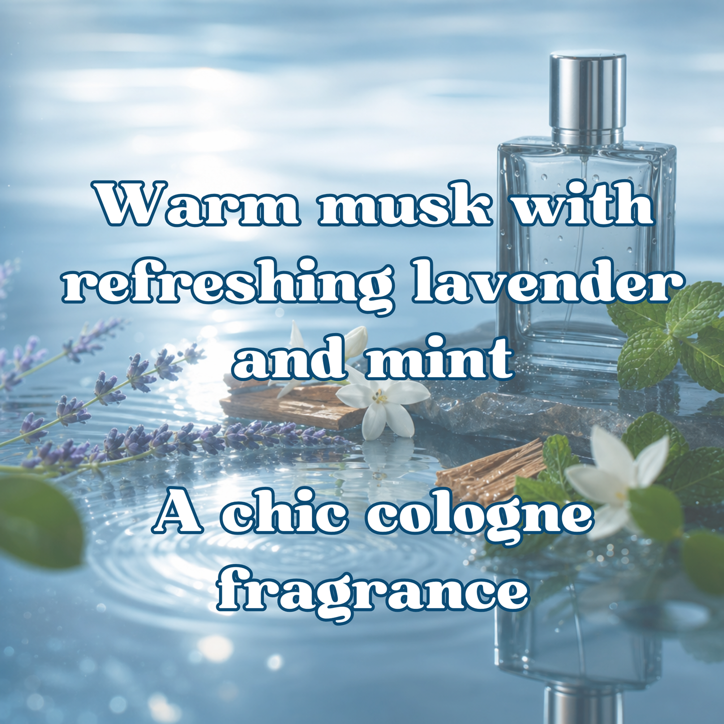 Perfume bottle with flowers and leaves on a water surface