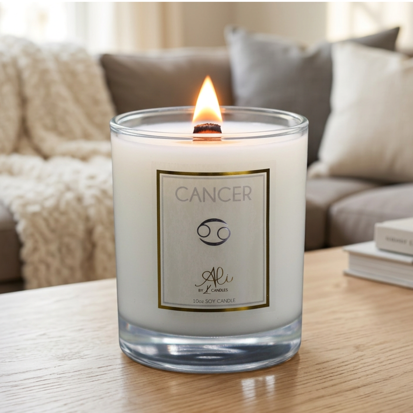 Cancer zodiac scented soy candle with amber, sandalwood and citrus