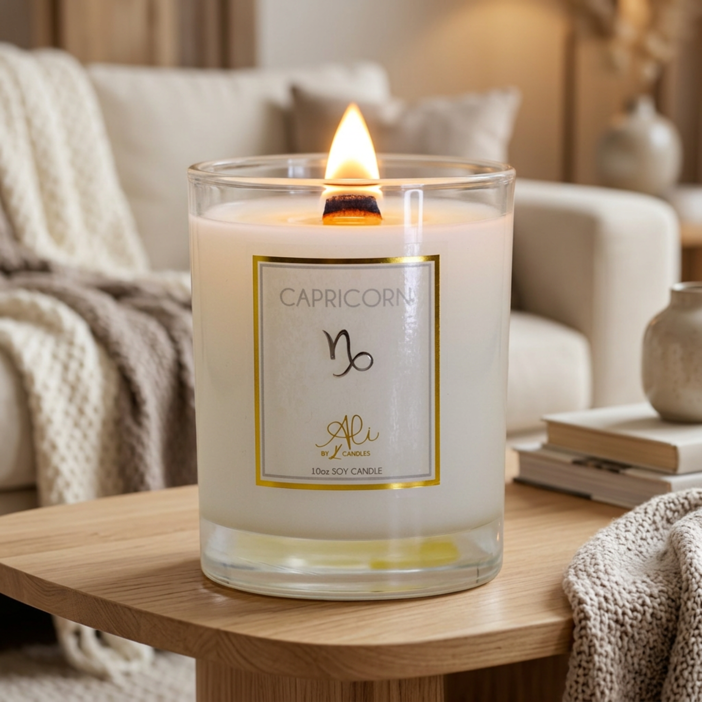 A lit Capricorn soy candle in a clear glass jar sits on a wooden table in a cozy living room setting with a sofa, throw blanket, and books in the background. karys layne candles