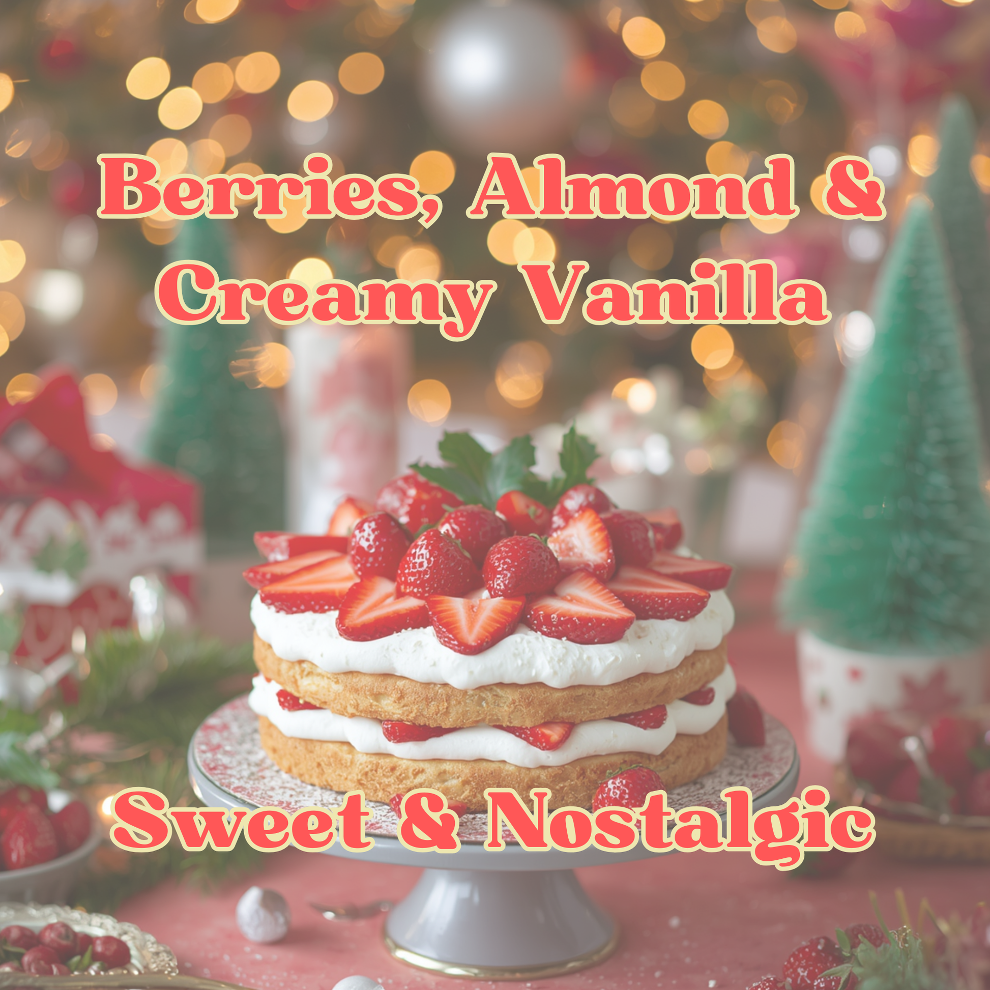 A double-layered sponge cake with white cream and fresh strawberries, topped with sliced strawberries and a sprig of holly, displayed on a silver cake stand against a festive blurred holiday background with warm lights and miniature trees. Text overlays read 'Berries, Almond & Creamy Vanilla' and 'Sweet & Nostalgic'.
