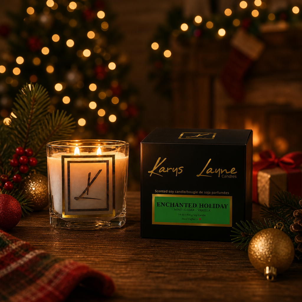 A lit glass jar candle and its Karys Layne Candles branded box on a wooden table, surrounded by Christmas decorations including a blurred Christmas tree, ornaments, and wrapped gifts in warm holiday lighting.