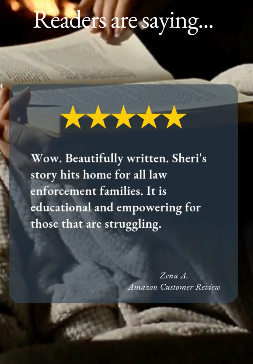 Five-star rating with a review text overlay on a blurred background of someone reading a book.
