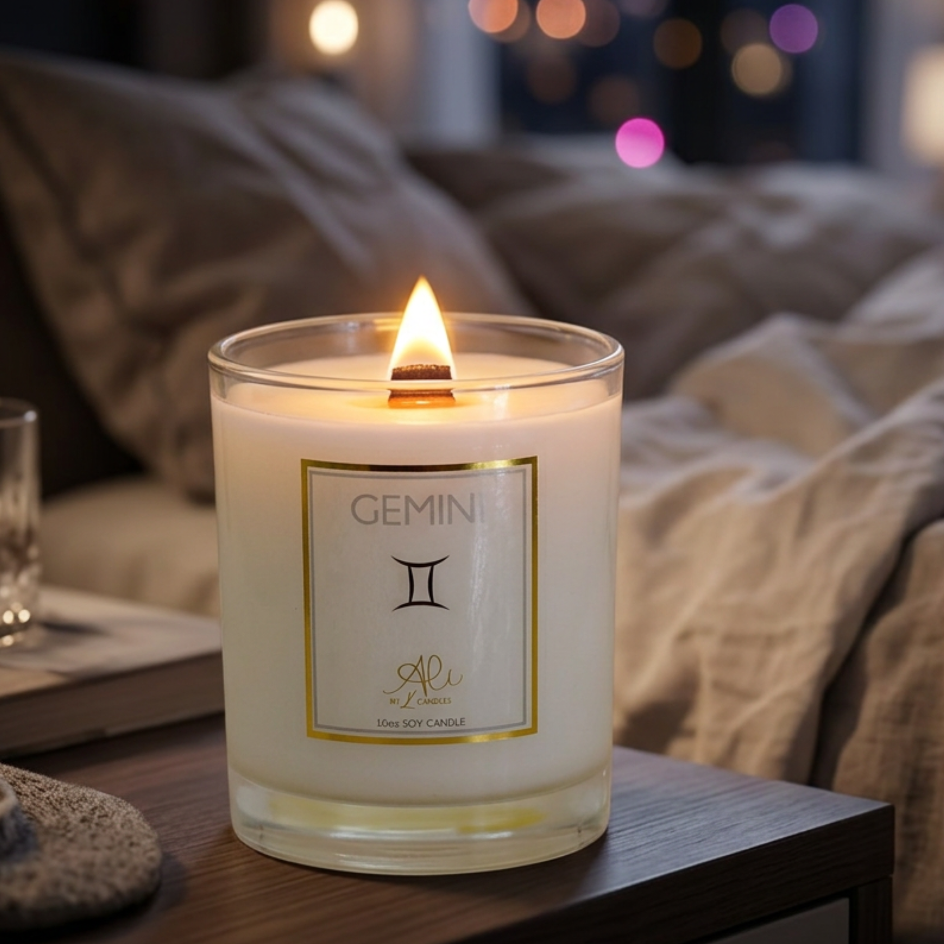 A lit white soy candle in a clear glass jar sits on a wooden bedside table in a cozy bedroom setting, with a blurred bed and warm bokeh lights in the background. The front label reads 'GEMINI' with a Gemini zodiac symbol.