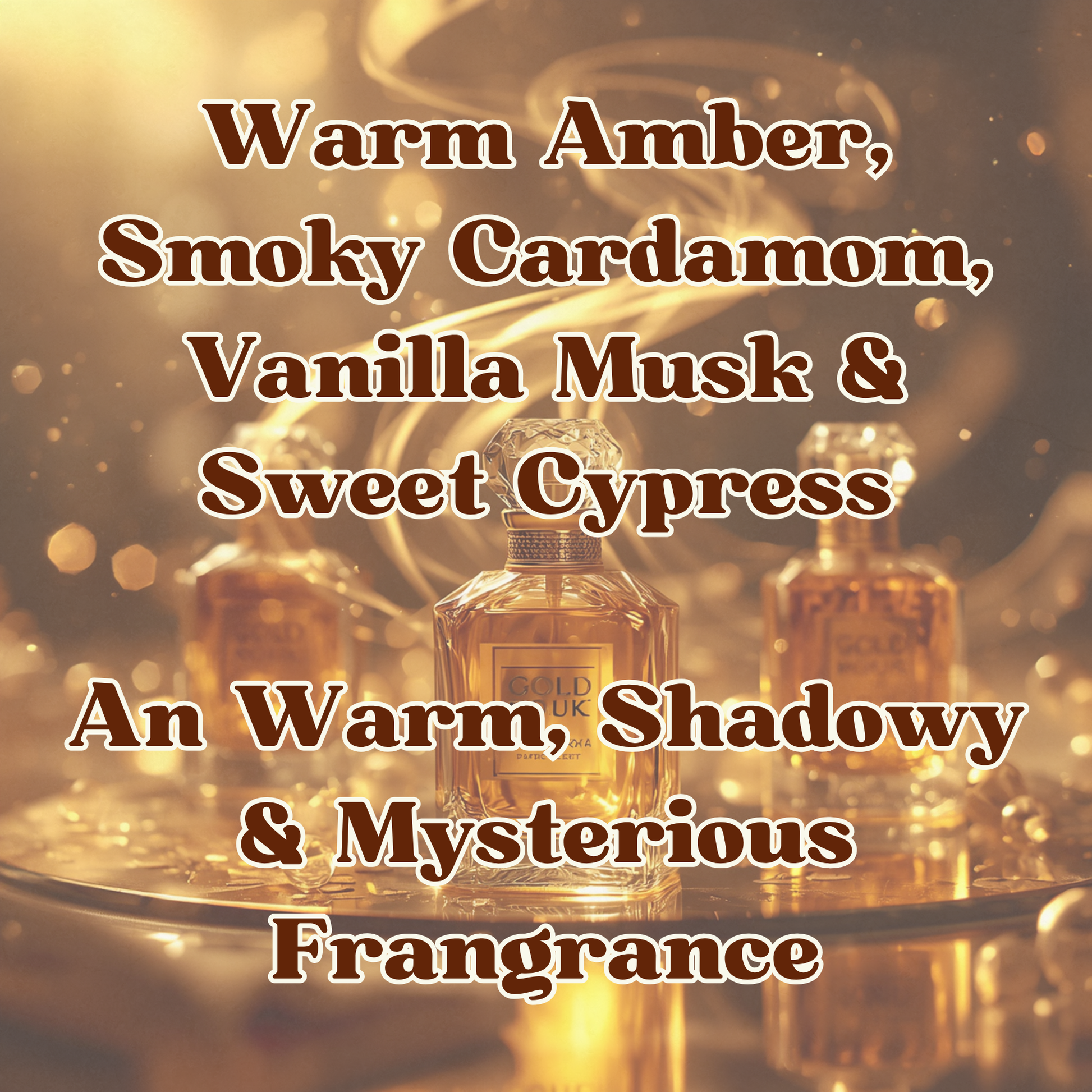 Perfume bottles with descriptive text about fragrance notes on a warm, blurred background