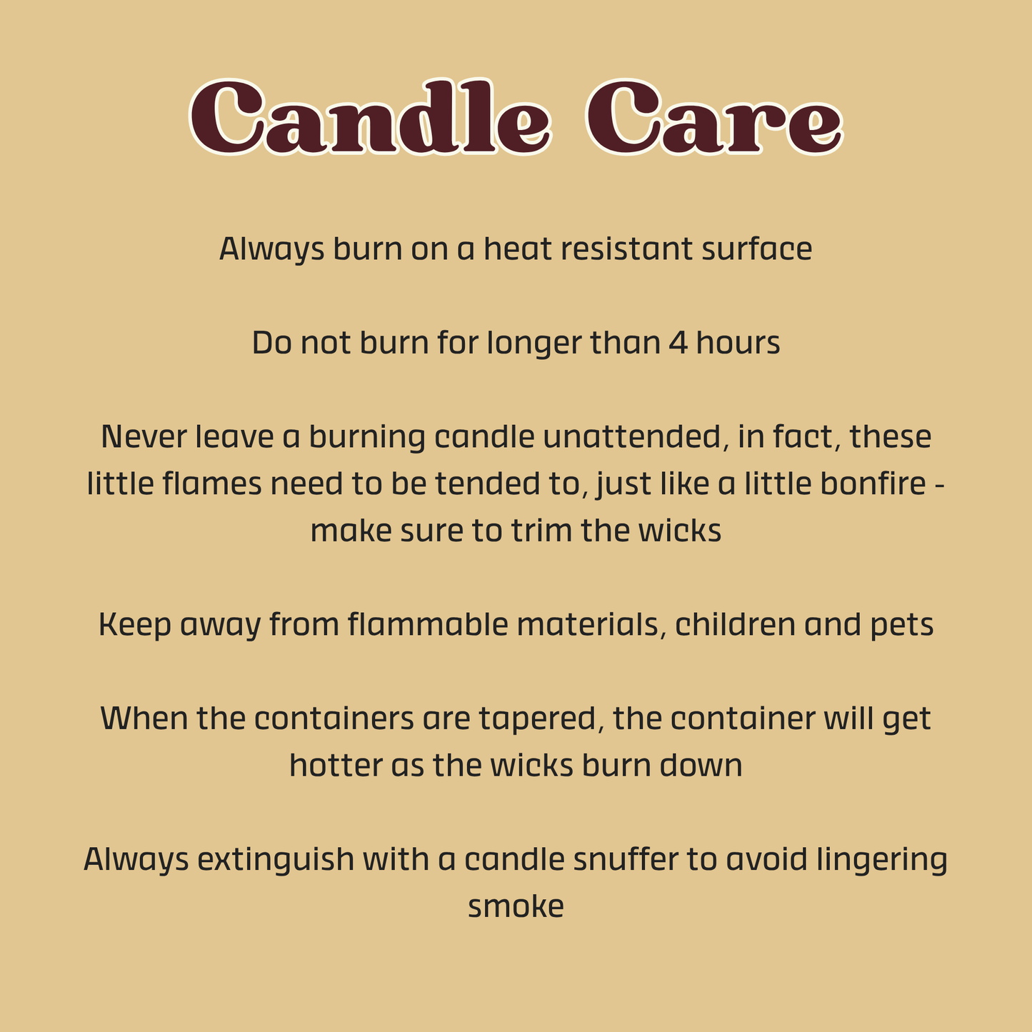 Karys Layne Candle care instructions on a beige background