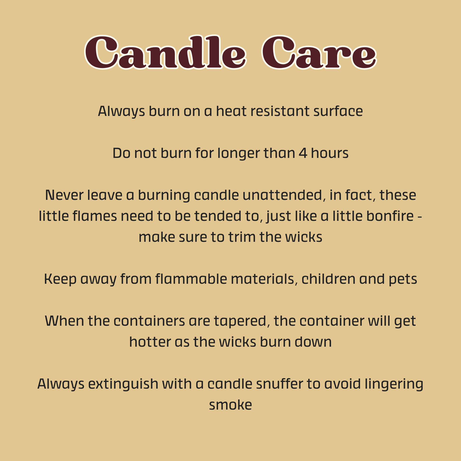 Karys Layne Candle care instructions on a beige background