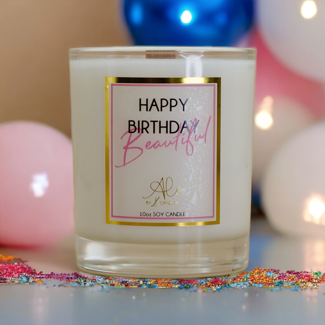 Happy Birthday Beautiful 10oz soy candle in a clear glass jar with buttery vanilla scent