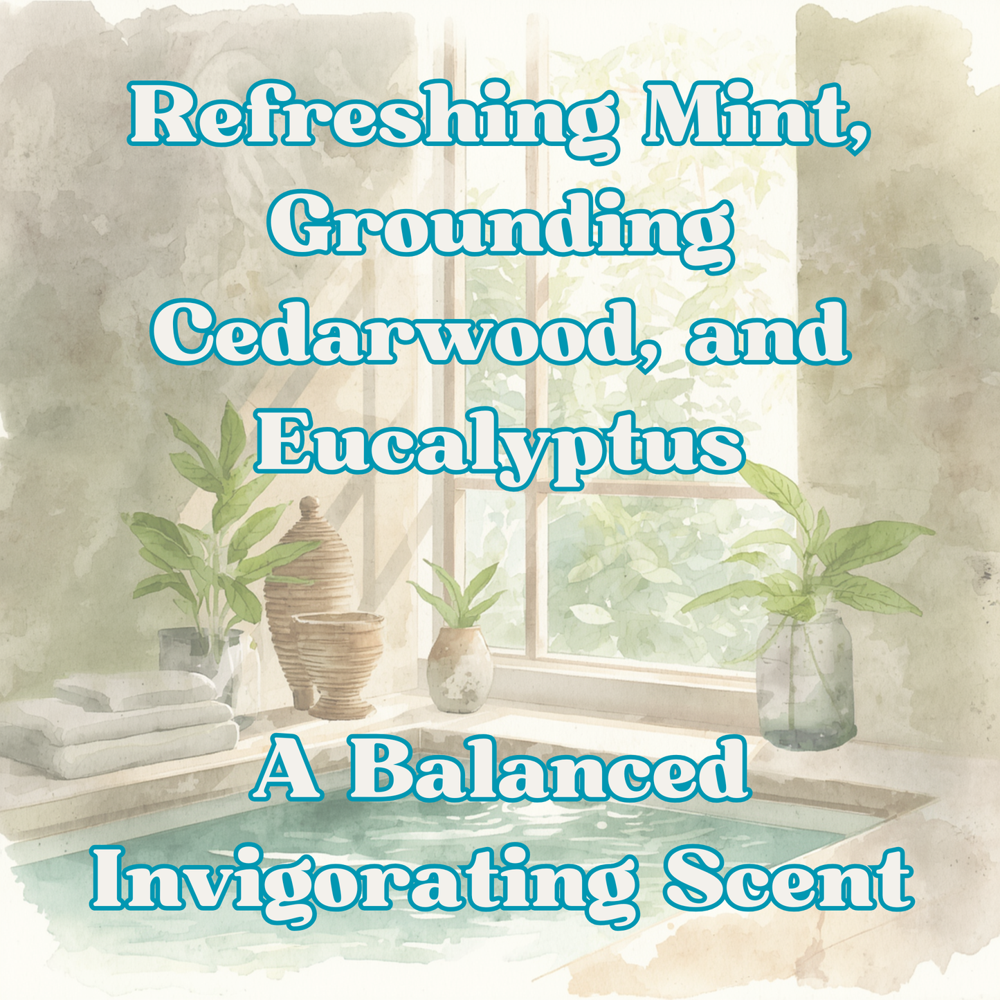 Relaxation scene with a bathtub, plants, and text about scents.
