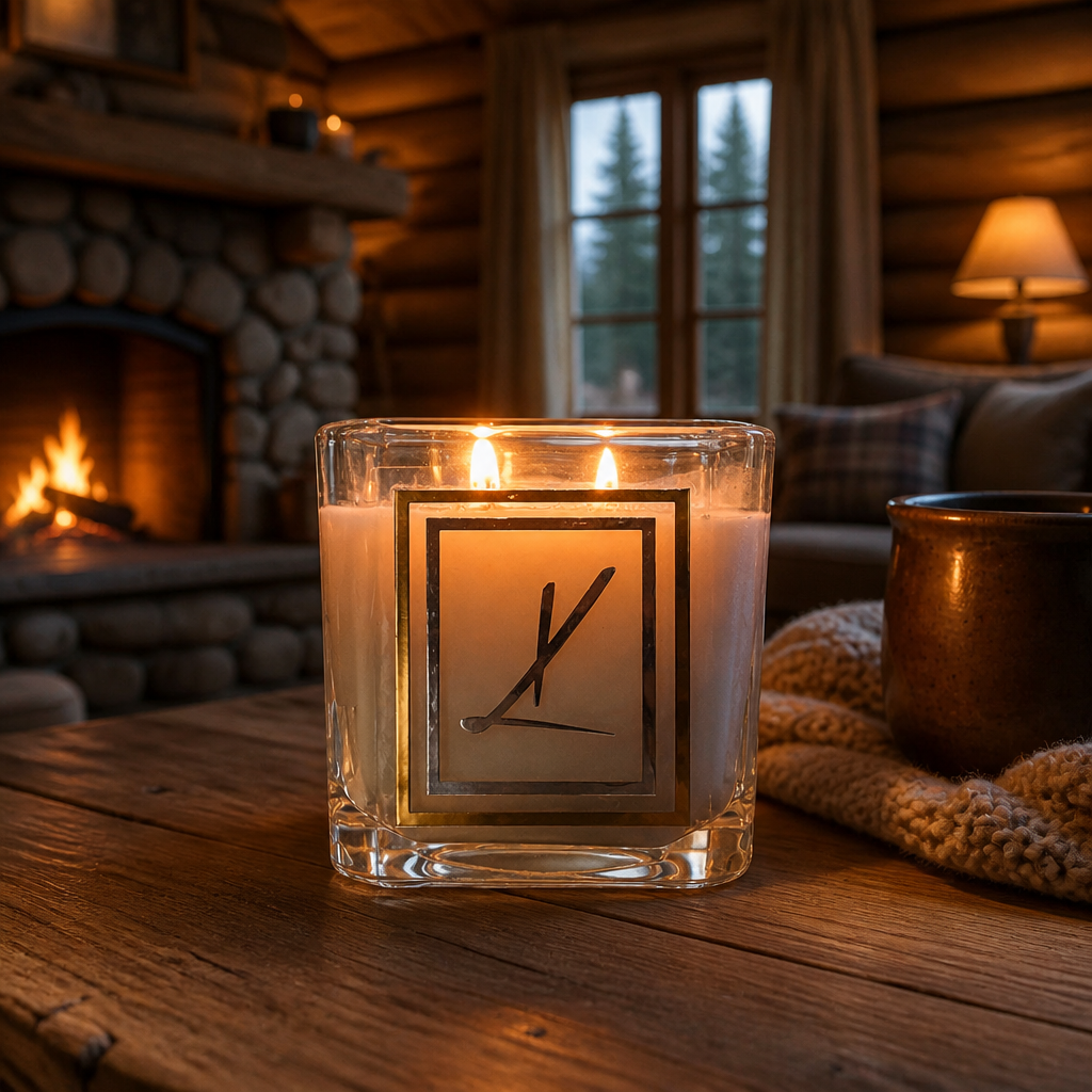 A lit square glass candle with a Karys Layne  logo on the front, set on a rustic wooden table in a cozy log cabin living room with a fireplace and warm ambient lighting.