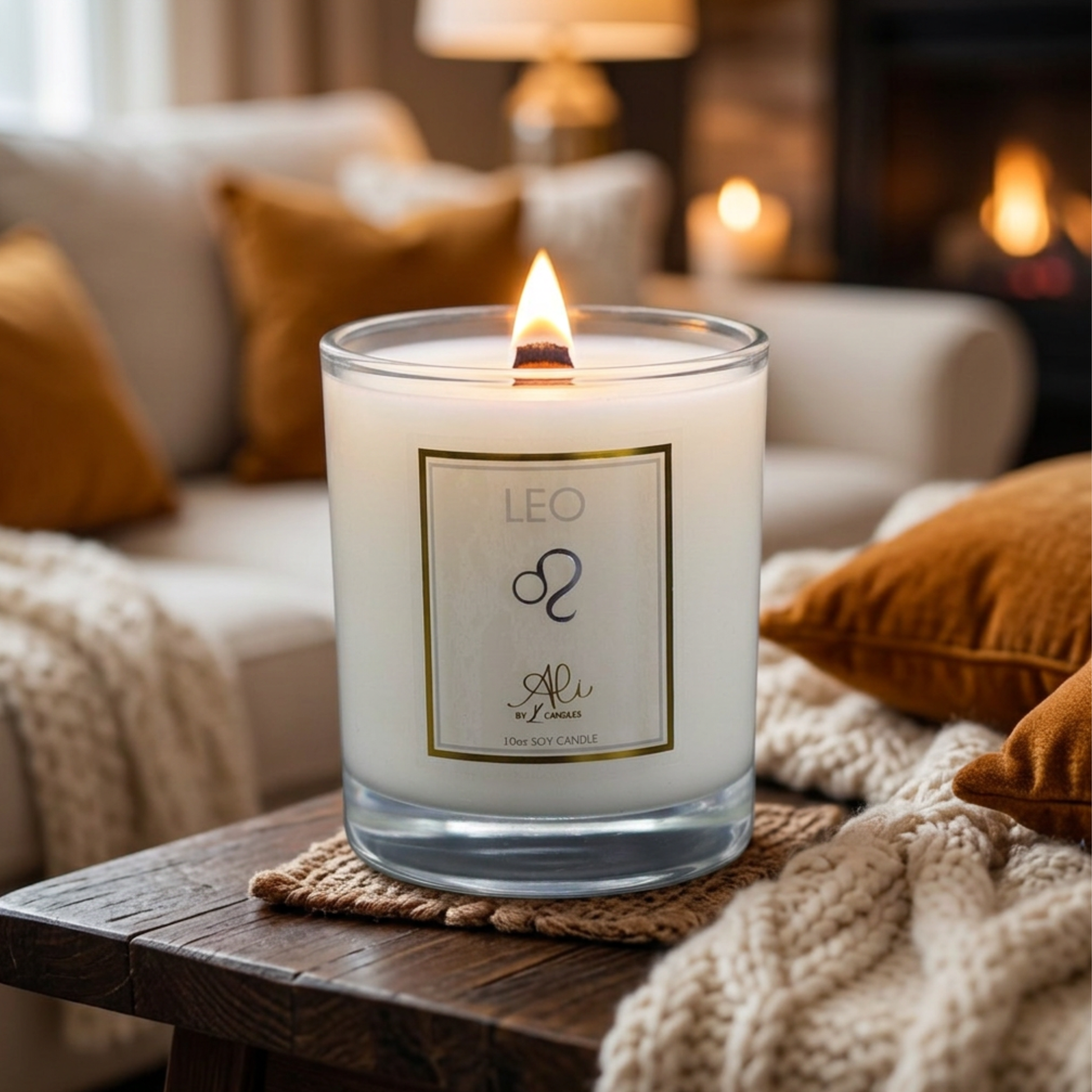 A lit white scented candle in a clear glass jar sits on a wooden table in a cozy living room setting with a sofa, pillows, and warm ambient lighting in the background.