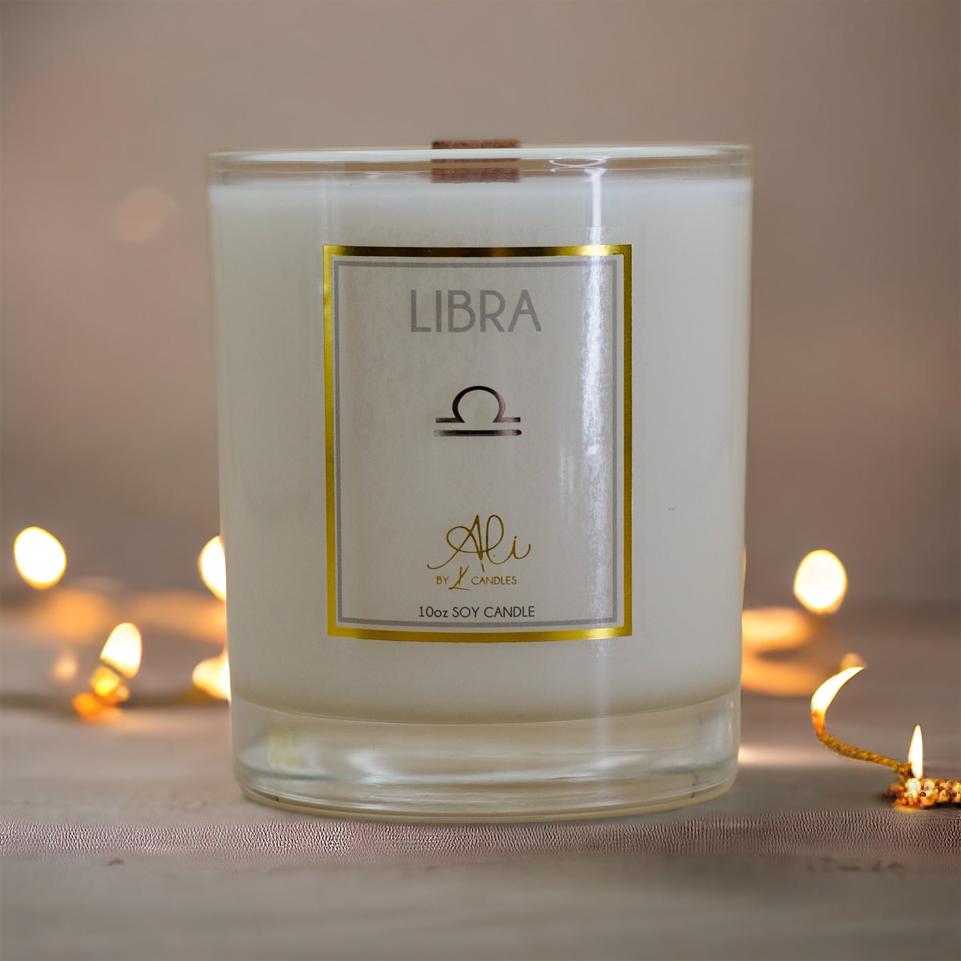 Libra zodiac scented soy candle with amber, sandalwood and citrus