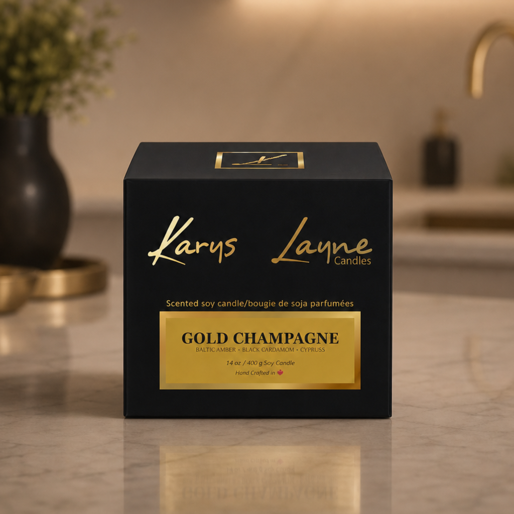 Gold Champagne luxury scented soy candle in a reflective gold vessel with dual wooden wicks, featuring warm amber, creamy vanilla musk, smoky black cardamom, and fresh cypress fragrance notes.