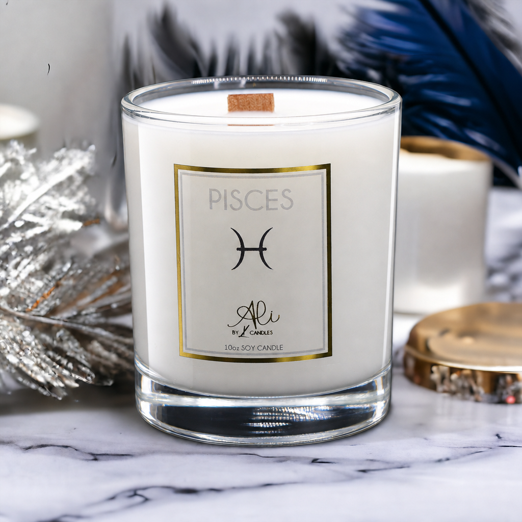 Pisces zodiac scented soy candle with amber, sandalwood and citrus