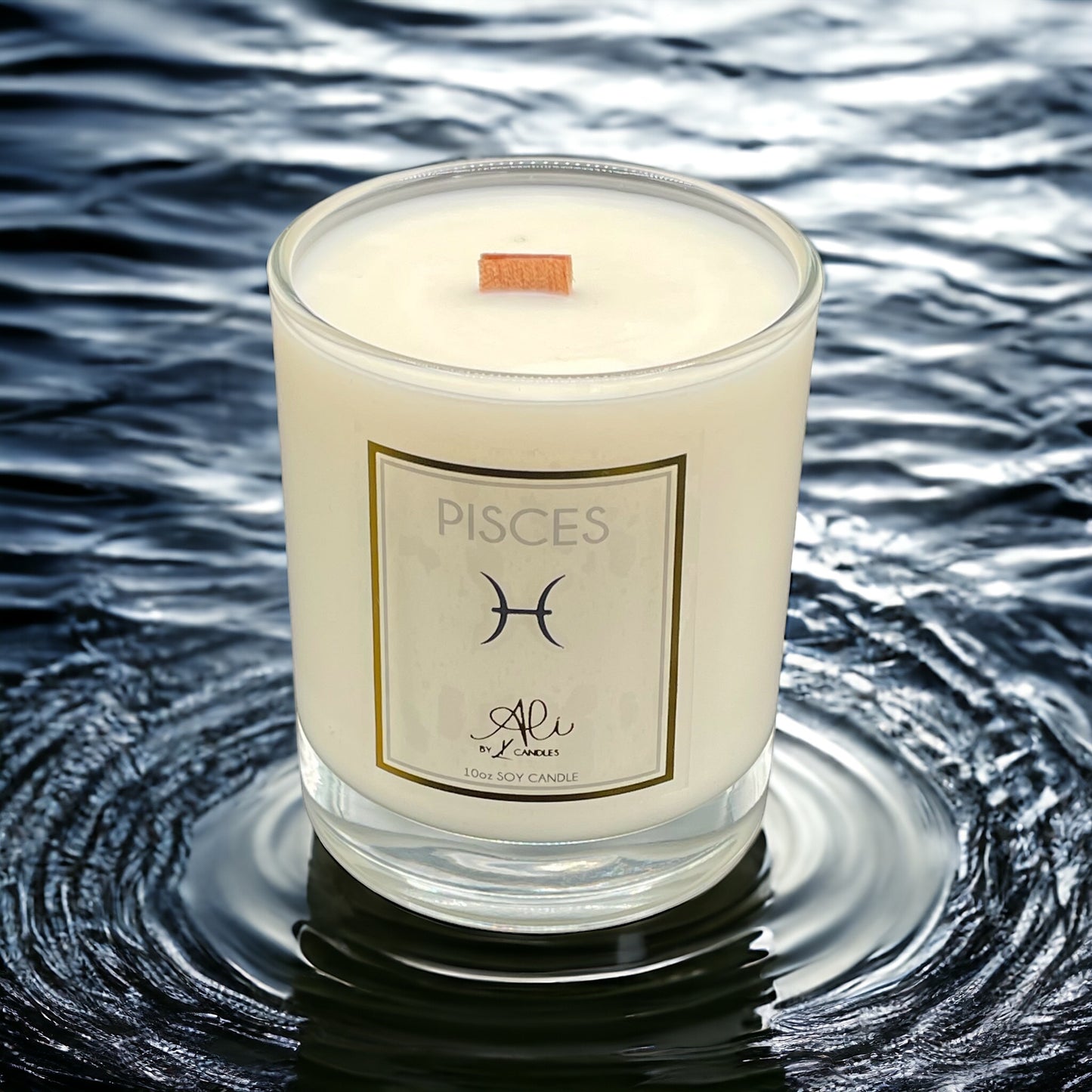 Pisces zodiac scented soy candle with amber, sandalwood and citrus. best selling candle