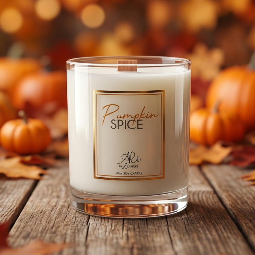 Pumpkin Spice 10oz soy candle with pumpkin, vanilla and cinnamon scent by Karys Layne