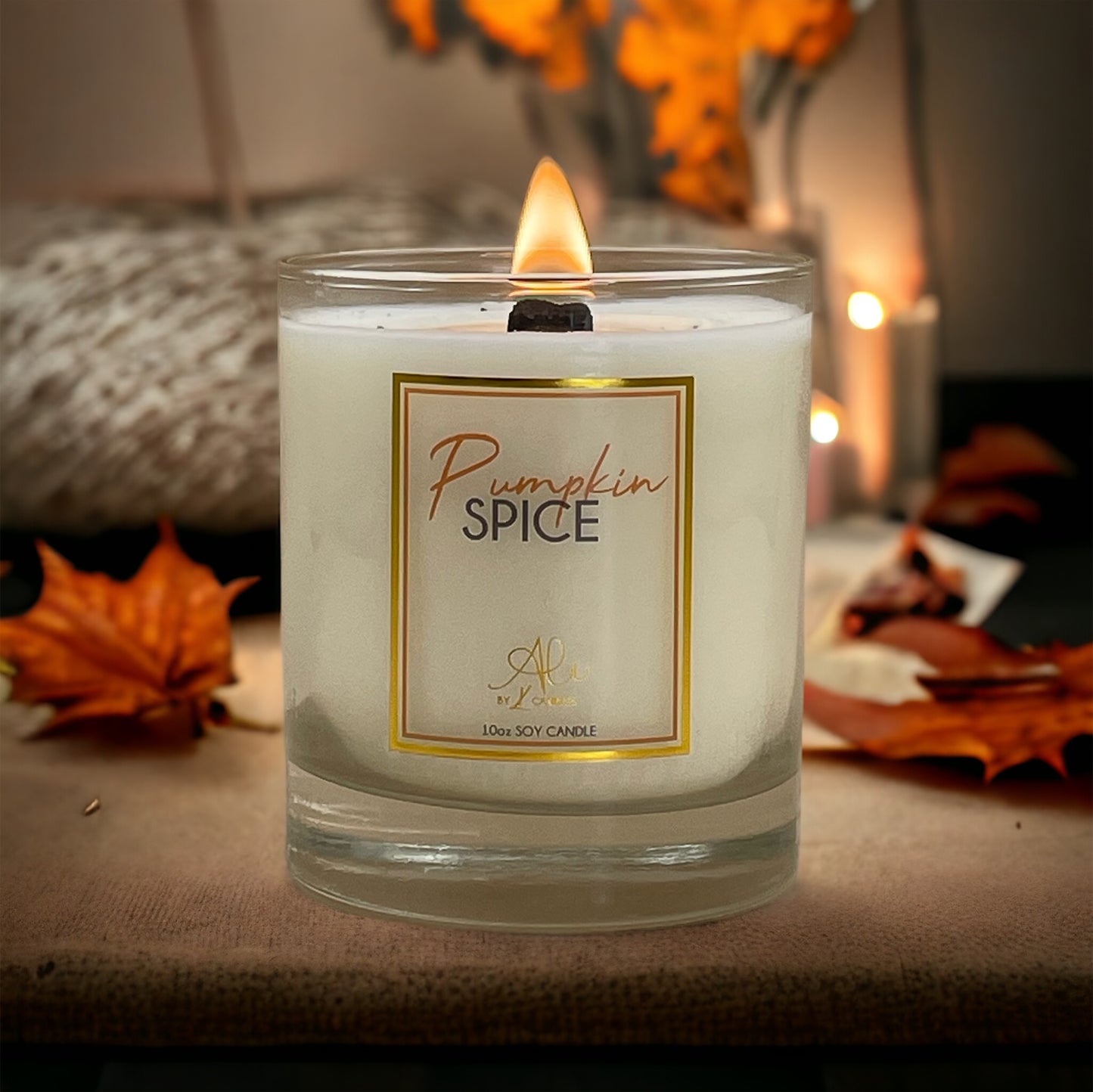 Pumpkin Spice scented soy candle in clear glass jar, fall favourite by Karys Layne