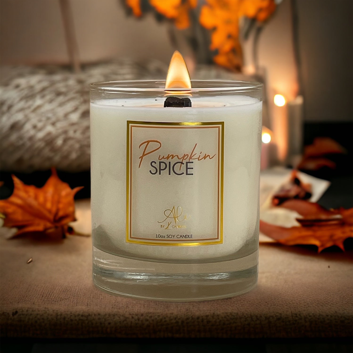 Pumpkin Spice scented soy candle in clear glass jar, fall favourite by Karys Layne