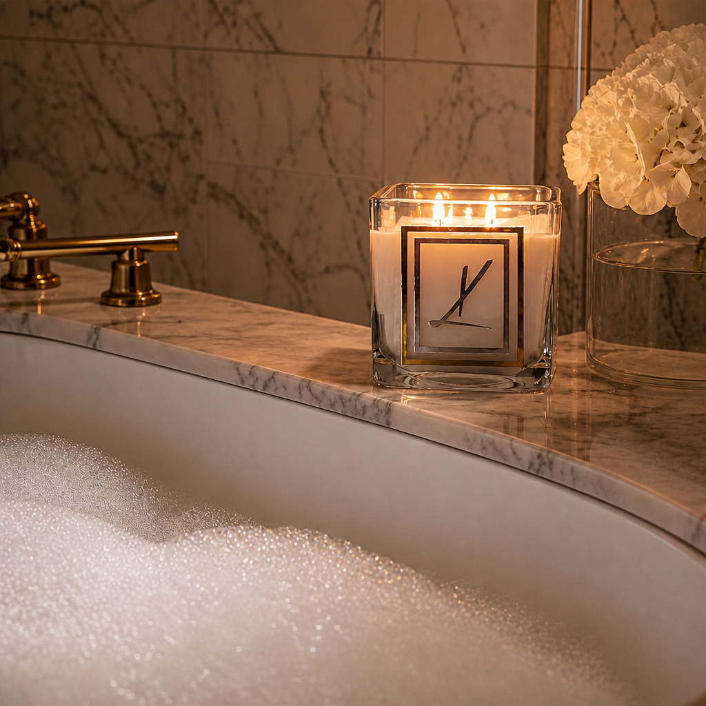 A lit square glass candle sits on a marble bathroom counter beside a bathtub filled with bubbles.
