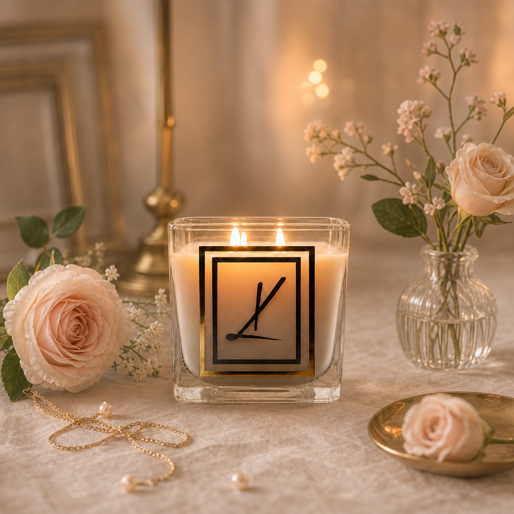 romantic candle surrounded by flowers and delicate jewellery. elegant karys layne candle