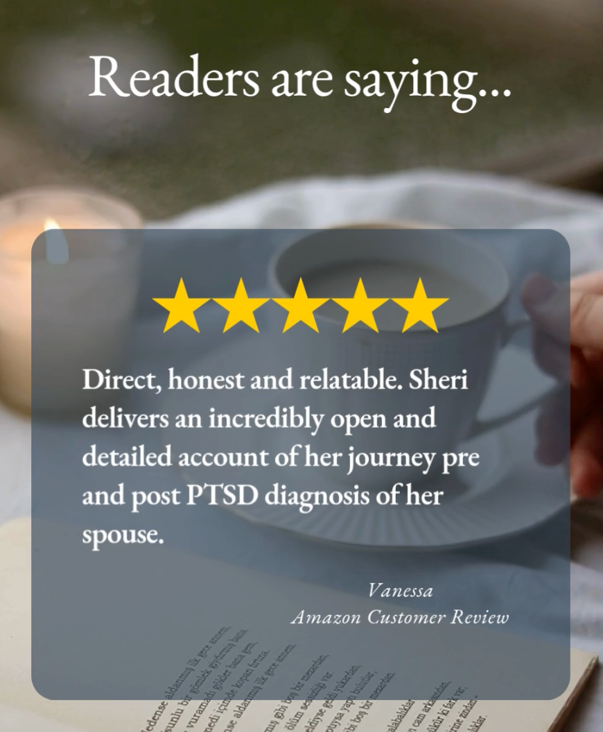 Five-star rating with a review text overlay on a blurred background of a person holding a cup.