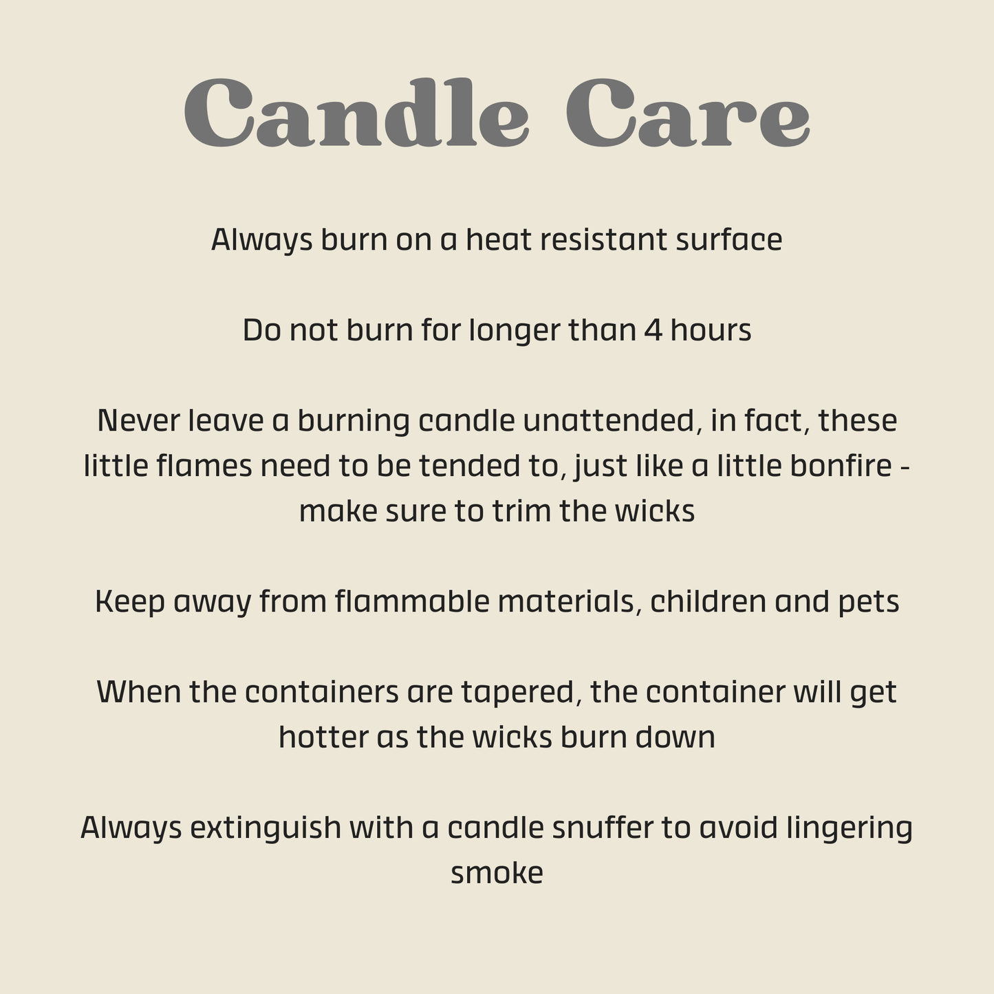 Text-based candle care instructions on a beige background