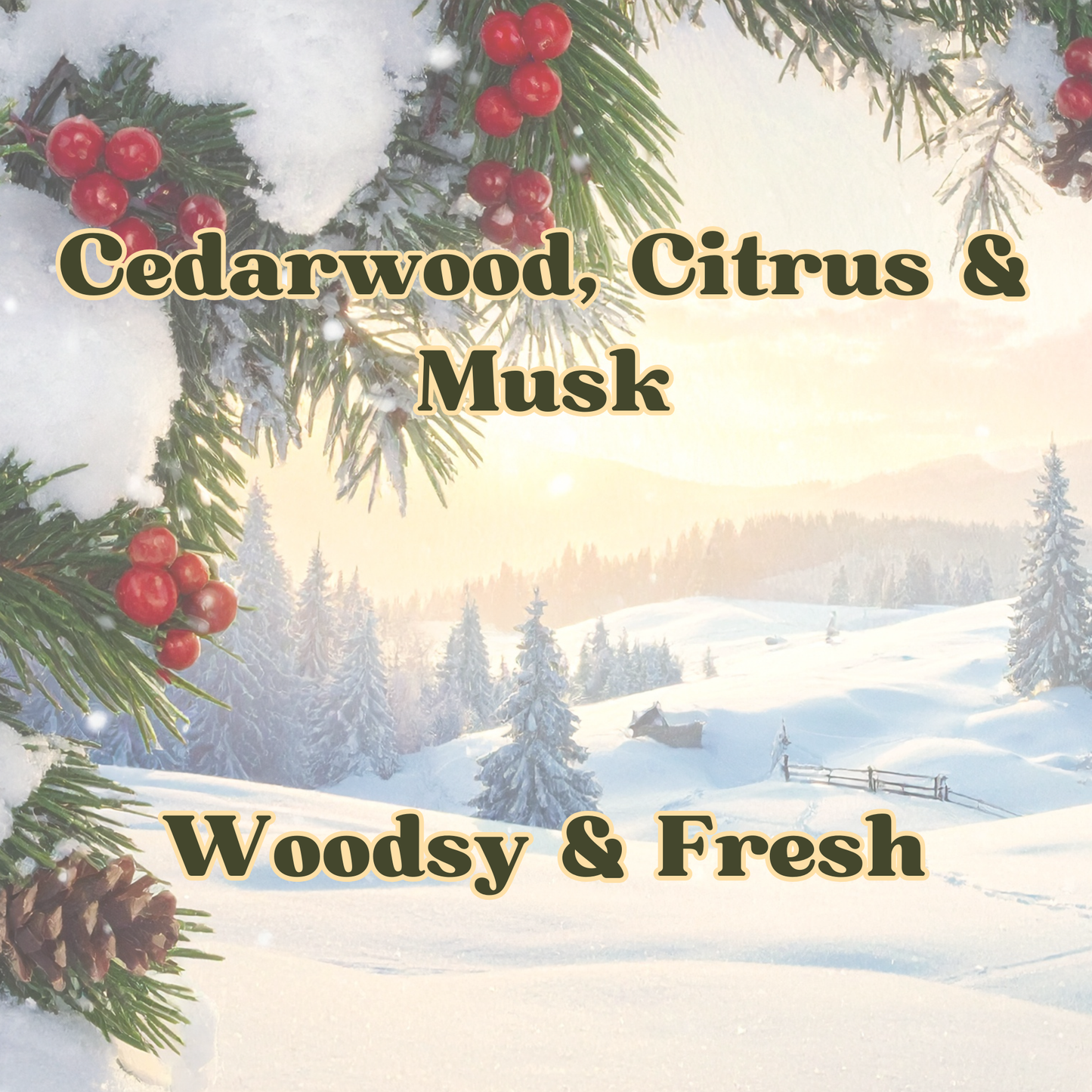 A winter landscape scene with snow-covered hills, evergreen trees, red berries, and pinecones, overlaid with the text 'Cedarwood, Citrus & Musk' and 'Woodsy & Fresh' in a serif font.
