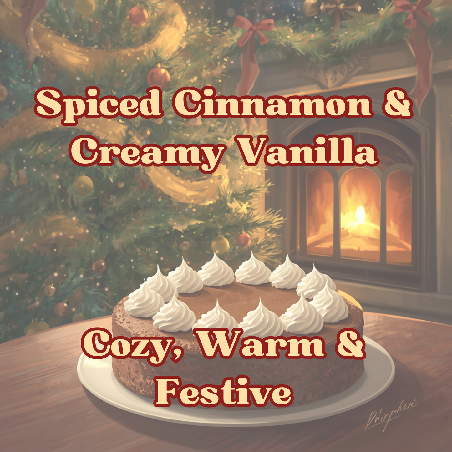 A festive holiday cake with piped white whipped cream sits on a plate in front of a warm fireplace and decorated Christmas tree. Large overlaid text reads 'Spiced Cinnamon & Creamy Vanilla' and 'Cozy, Warm & Festive'.
