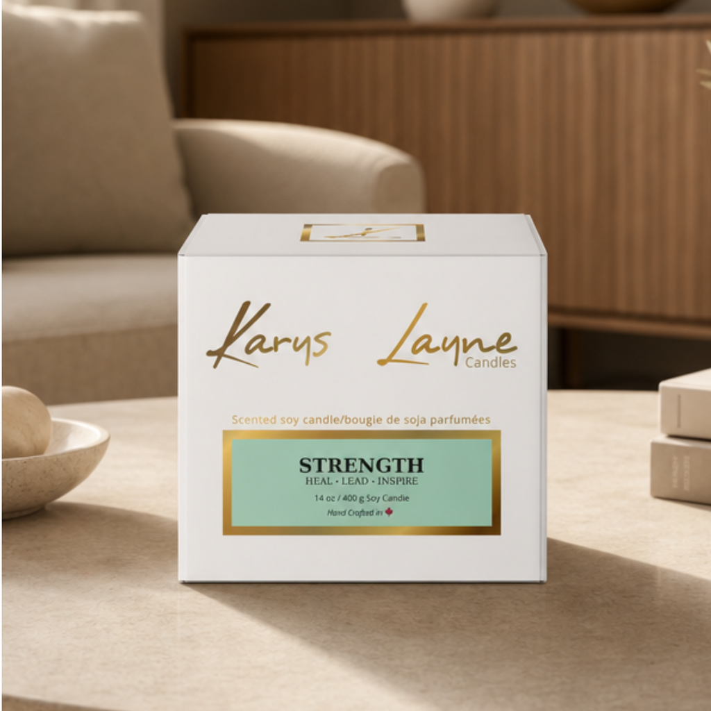 Strength Karys Layne Crystal Candle scented with Frankincense and Rosewood. Contains two dual crackling wooden wicks. 
