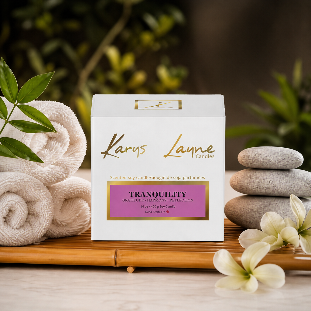 Lavender and Vanilla Scented Wood wick Karys Layne candle in a tranquil setting