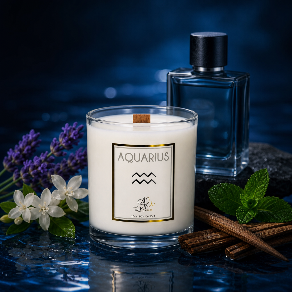 Candle labeled 'Aquarius' with a bottle of perfume, lavender, and cinnamon sticks on a dark background