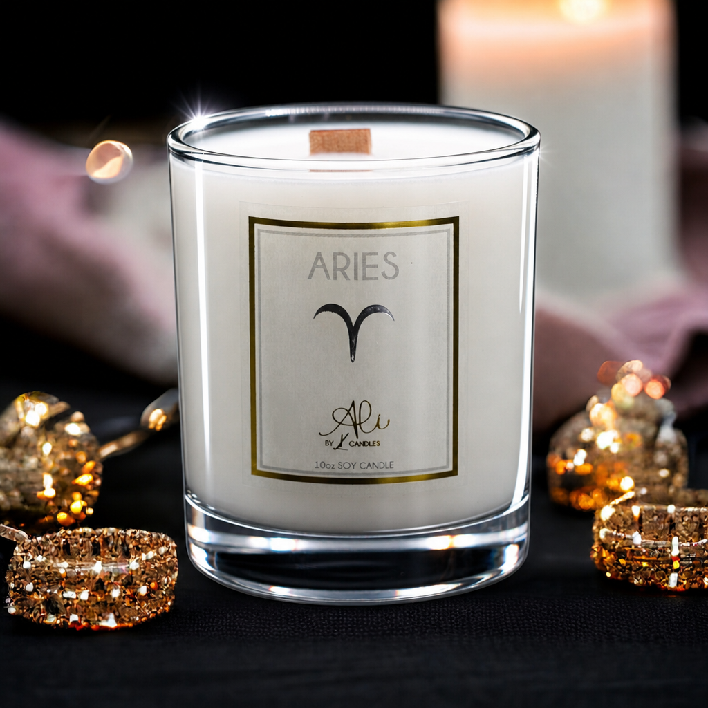 Aries zodiac scented soy candle with amber, sandalwood and citrus, karys layne candles