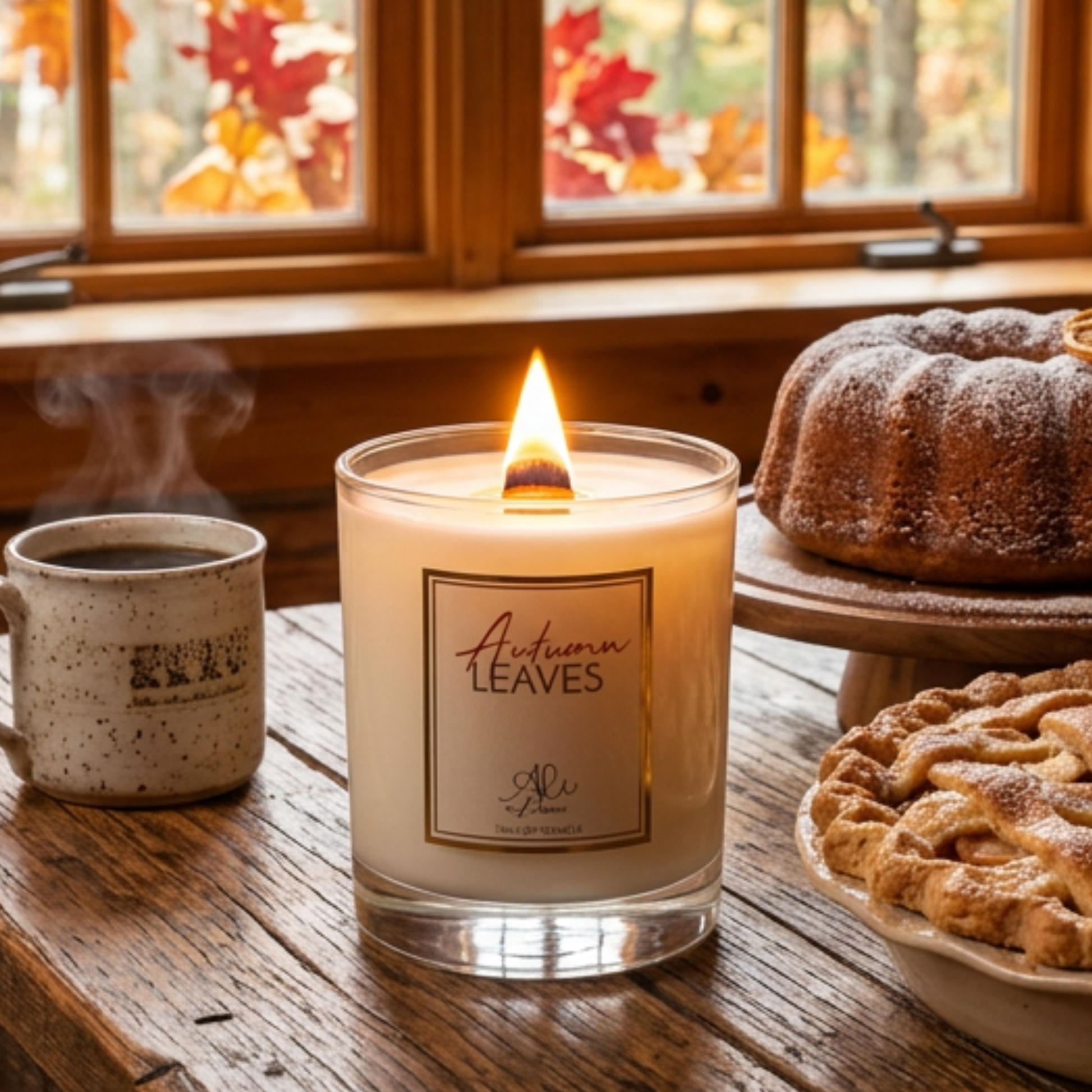 Autumn Leaves gourmand spice cake scented candle with cinnamon and coffee note