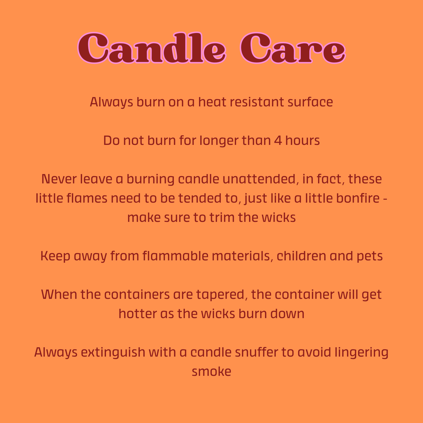 Candle care instructions on an orange background