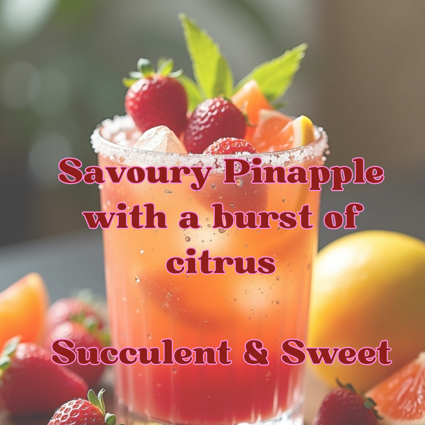 Fruity drink with strawberries and pineapple, text overlay about flavor profile