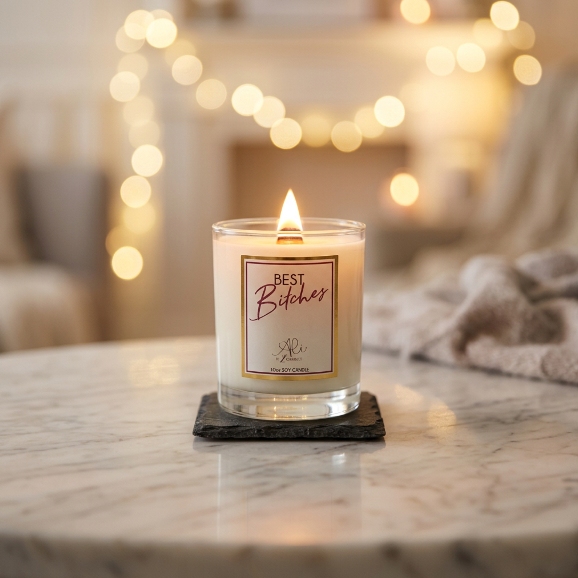 Lit Best Bitches wood wick candle with sugared margarita fragrance by Karys Layne