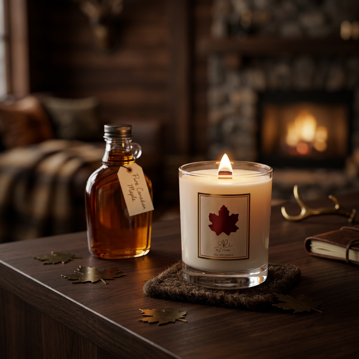 Candle with a maple leaf design and a bottle of syrup on a table in front of a fireplace.