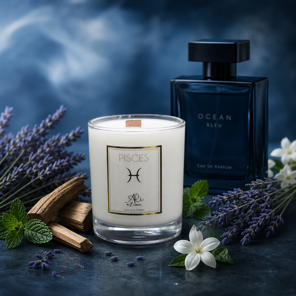 Candle labeled 'Pisces' with  perfume bottle and lavender flowers on a dark background