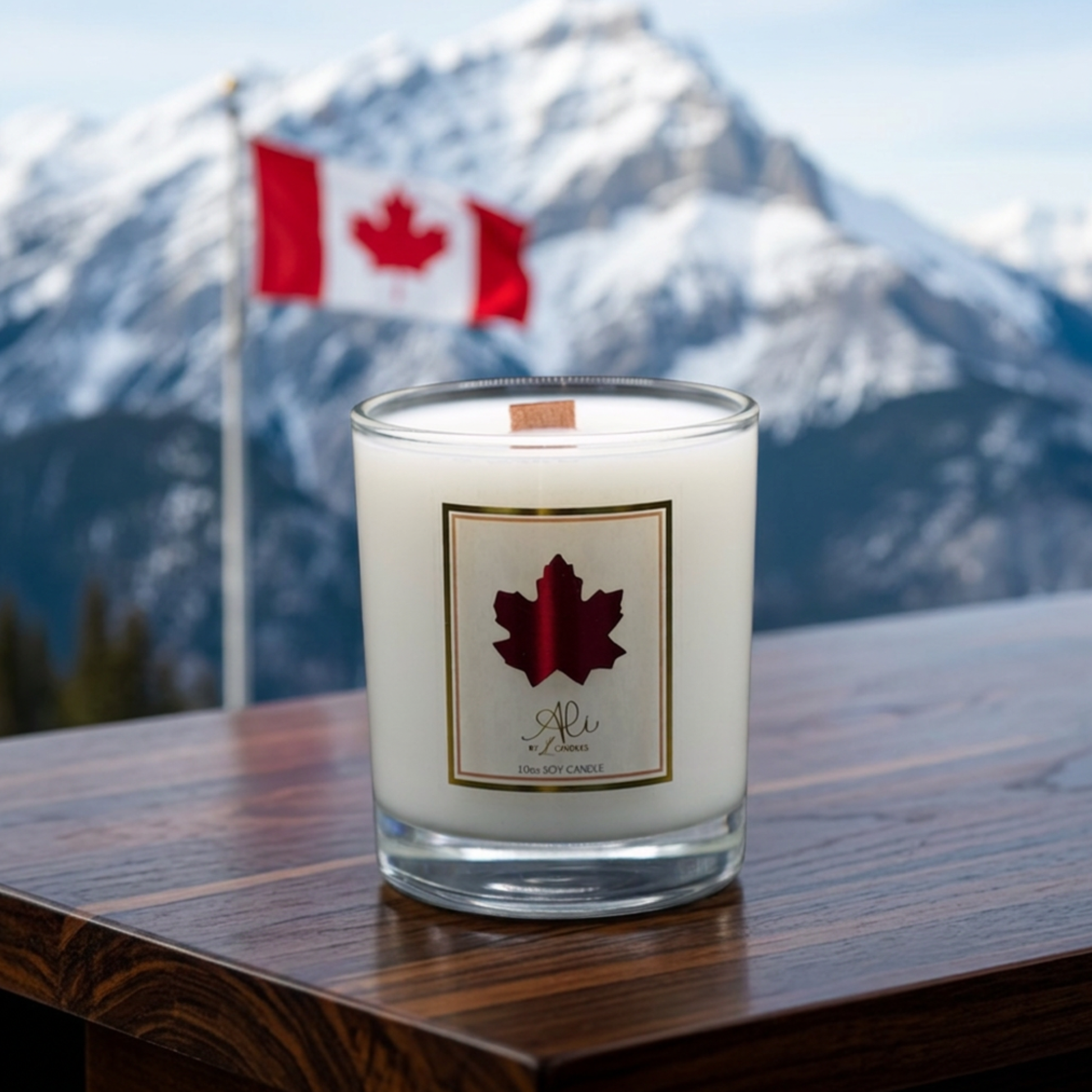 Candle with a maple leaf design on a wooden surface in front of a mountain and Canadian flag.